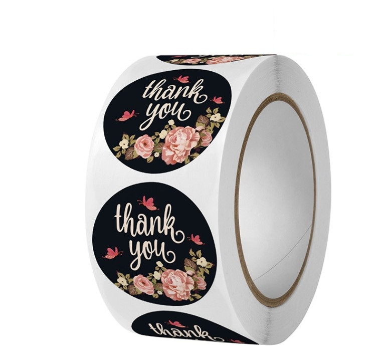 Наліпки для пакування thank you 25мм Квіти з метеликами на чорному 500шт NL014 • nl014 Наліпки для пакування thank you 25мм Квіти з метеликами на чорному 500шт NL014